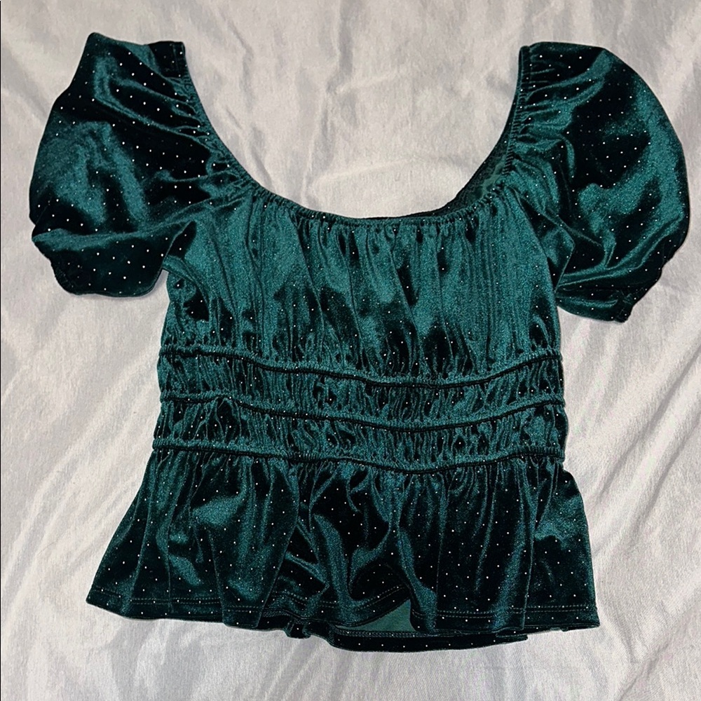 Mi Ami Green Smocked Puff Sleeve Blouse